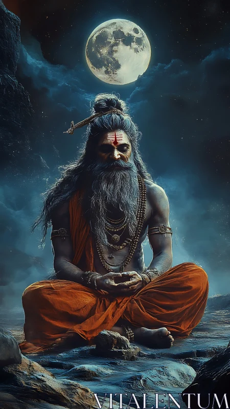 Mystic ascetic meditates beneath luminous full moonlit sky