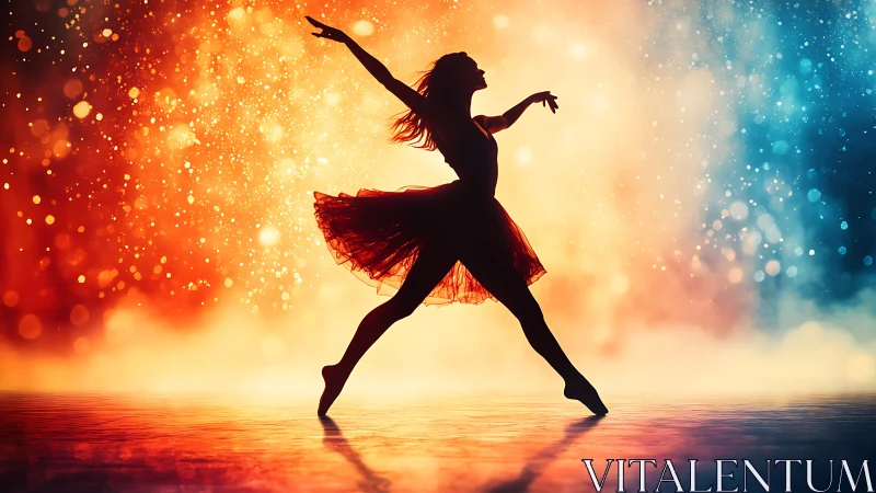Graceful dancer leaps between glowing fire and stardust light