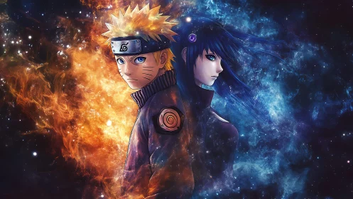 Stellar shinobi duel blaze against a swirling cosmic night.