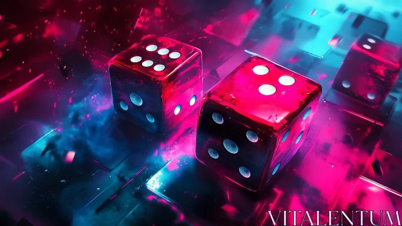Translucent neon dice rendered with volumetric glow and motion scatter