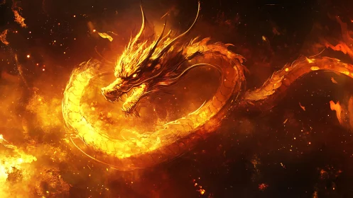 Fiery serpentine dragon coiled in intense glowing flames.