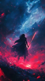 Digital painting of lone warrior in cosmic inferno landscape.