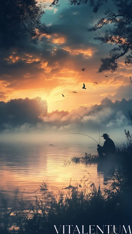 Lone fisherman by misty lake under dramatic sunset sky.