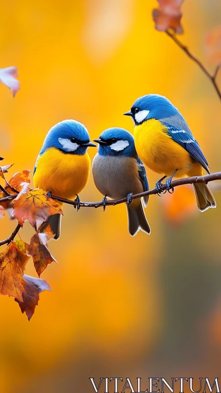 Songbirds perch on autumn branch in golden bokeh glow.