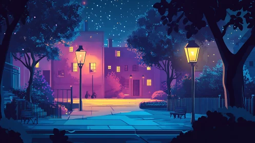 Night city courtyard under streetlights and starry sky