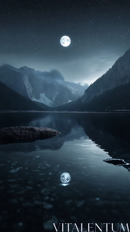 Moonlit alpine lake with reflection under starry night.