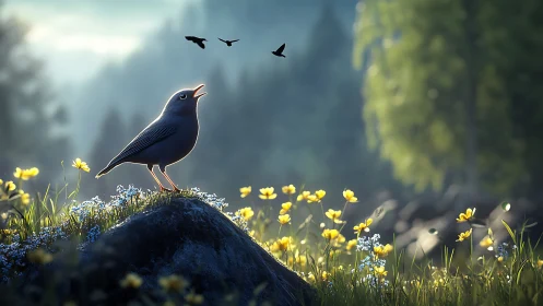 Singing bird on rock in dreamy forest, soft morning light, digital art.