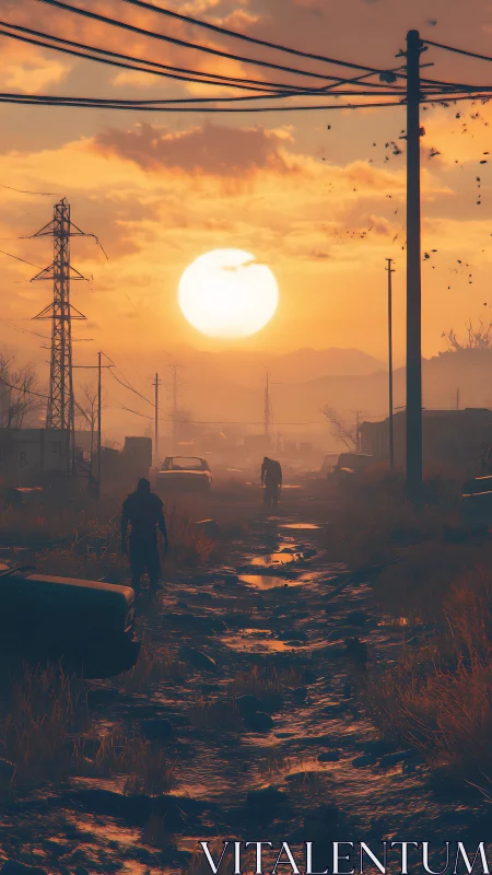 Sunset over ruined road with silhouettes and old cars.