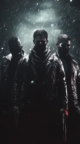Stormlit masked trio in leather coats under falling snow.
