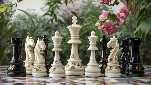 Elegant chess pieces gather gracefully in a lush garden