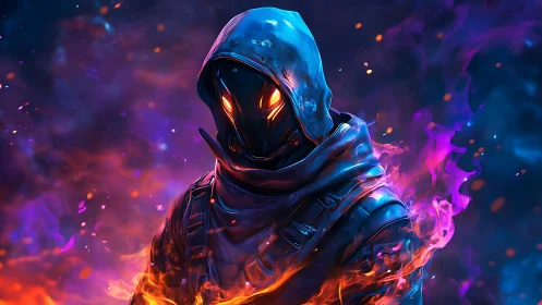 Hooded humanoid figure with glowing eyes amid colored flames.