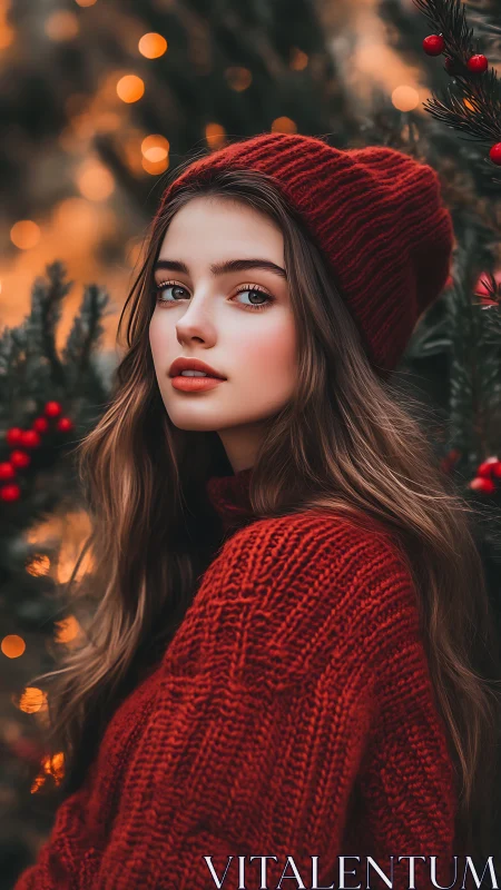 Crimson knit calm glows beside winter berries and bokeh lights
