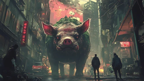 Gentle giant pig wandering a neon-soaked future alleyway.