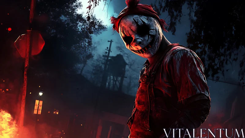 Sinister clown killer in bloodstained overalls under burning sky