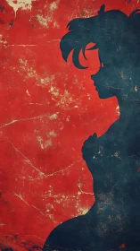 Grunge anime silhouette on distressed red textured field.
