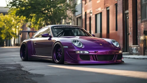Sleek purple sports car glowing in a quiet city street.