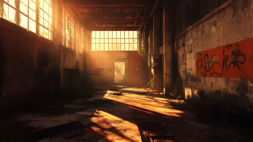Sunlit abandoned warehouse interior with warm decay.