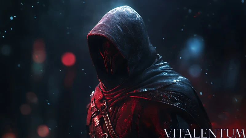 Hooded armored figure in red light against dark backdrop.