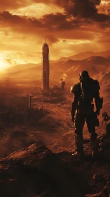 Armored astronaut surveys tall sci-fi tower on red horizon