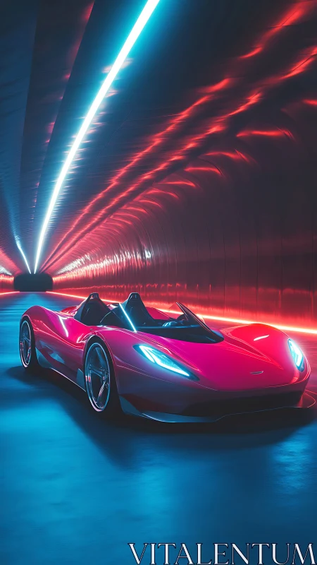 Electric red supercar slices through neon tunnel glow at speed