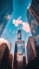 Glass skyscraper rises into glowing clouds at sunset downtown