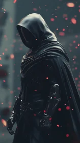 Hooded dark knight stands in drifting embers of a lost realm
