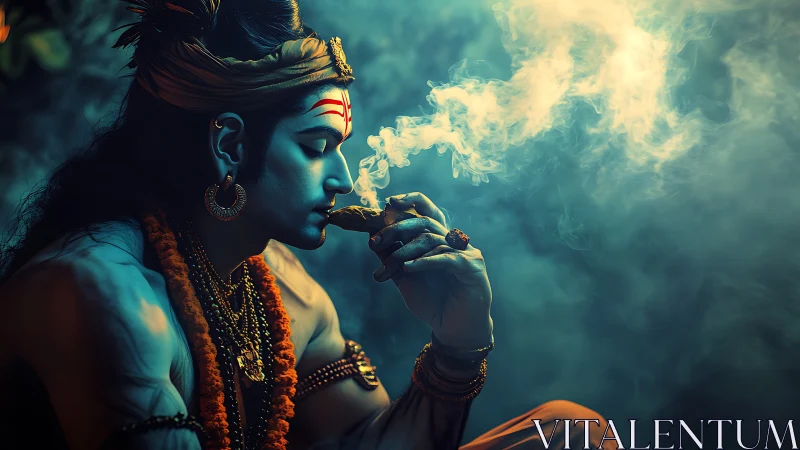 Divine ascetic in teal haze with curling sacred smoke.