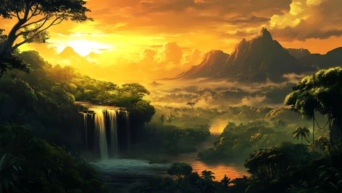 Sunlit jungle waterfall overlooks misty valley and mountains