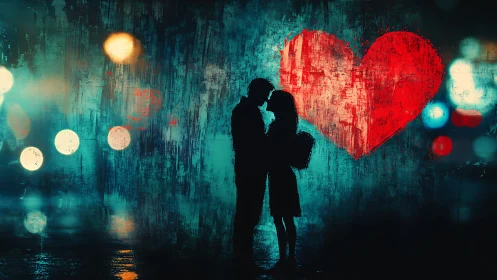 Urban Silhouette: Couple Kissing Against Red Heart.