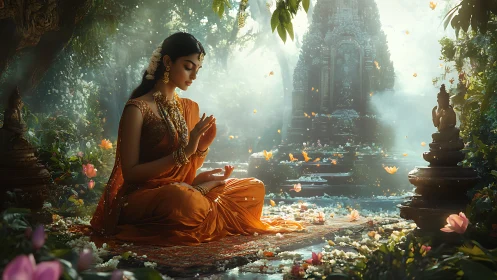 Serene temple meditation amid floating blossoms and light.