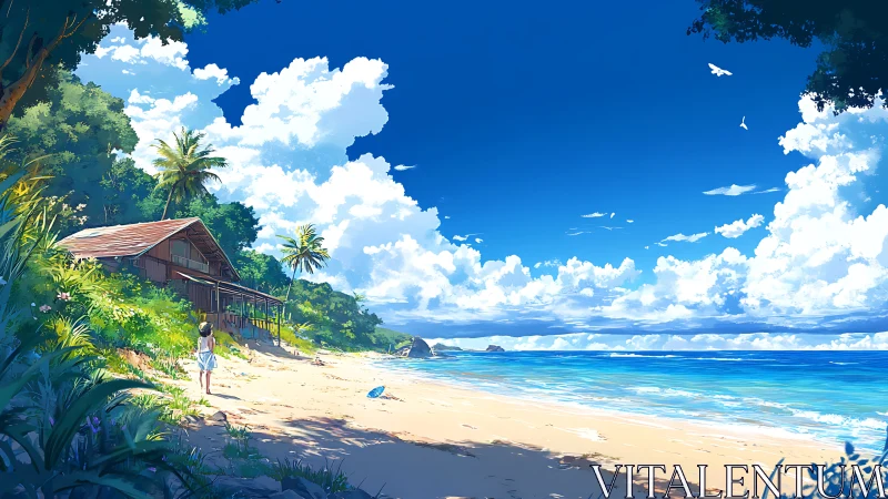 Coastal cabin and child on sunlit tropical beach shoreline.