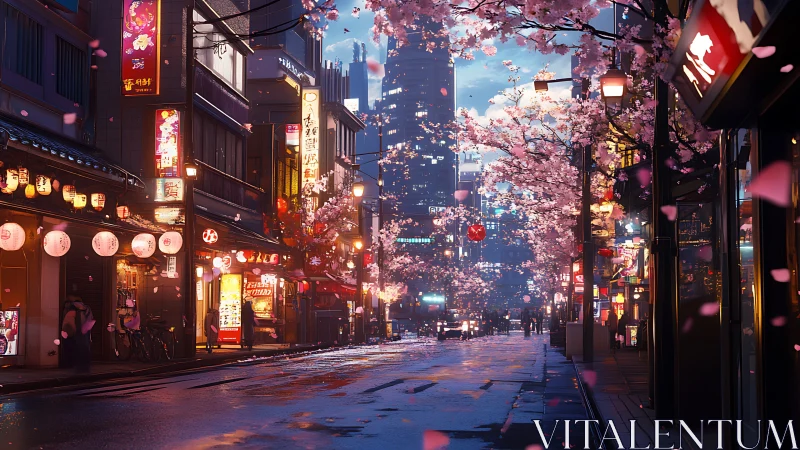 Neon lit sakura avenue merges wet street reflections and dense signage