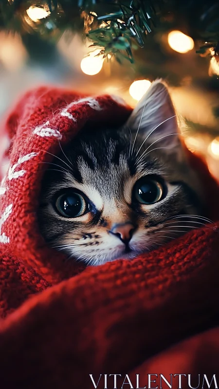 High-bokeh festive close-up of kitten in knitted red wrap.