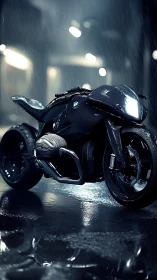 Sleek midnight motorbike waits in the glow of city rain