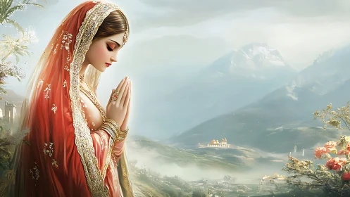 Devotional woman in red sari before misty mountain temple.