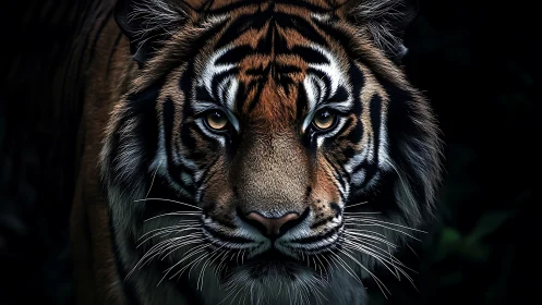 Golden-eyed tiger steps from the shadows with calm strength