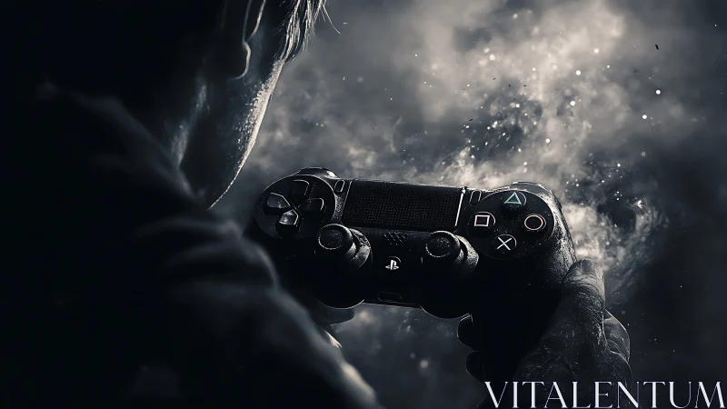 Midnight gamer locked in focus with glowing controller.