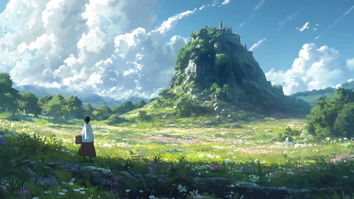 Anime pastoral landscape with hilltop castle and lone traveler.