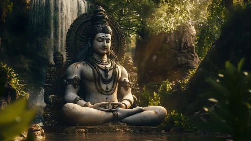 Serene stone Shiva statue in lush waterfall forest setting.