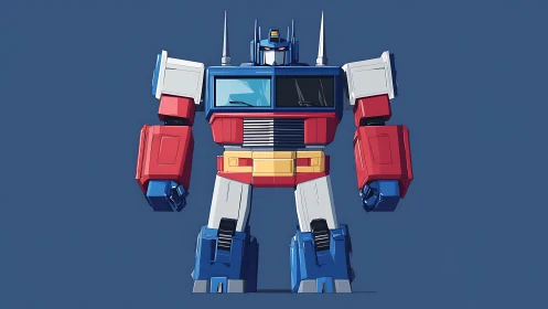 Stylized bipedal robot stands front facing on flat background