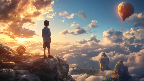 Boy on cloudside cliff observing stratified sky traffic.