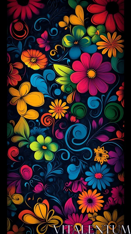 Vibrant Garden Dance: Colorful Flowers on Dark Canvas.