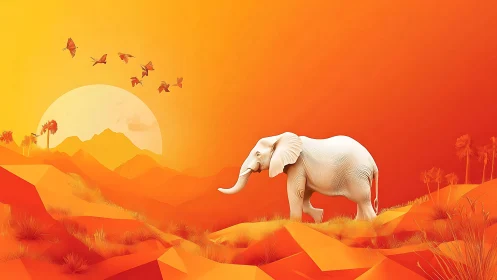 Digital painting of white elephant in stylized sunset savanna.