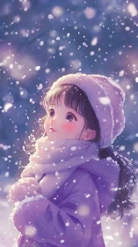 Young girl in winter coat watching softly falling snow.