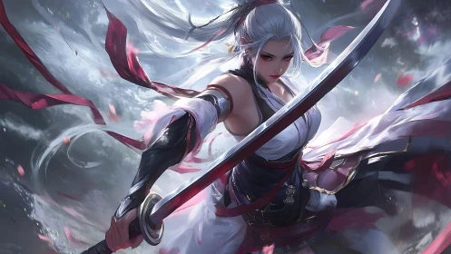 White-haired sword fighter lunges forward in dynamic attack