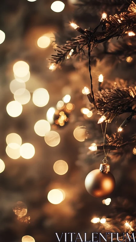 Golden ornament glows beside warm defocused holiday lights.