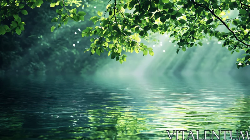 Tranquil Forest Pond with Sunlight Filtering Through Leaves.