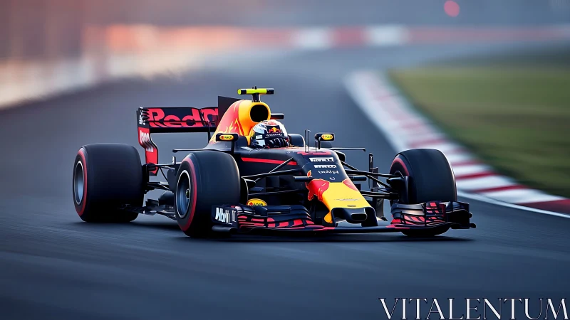 Formula race car exits corner on smooth, dry racetrack