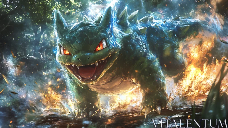 Powerful reptilian creature charging through fire and smoke.