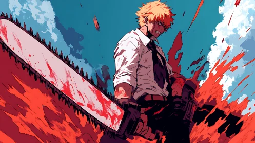 Dynamic anime warrior brandishes bloodied chainsaw blade